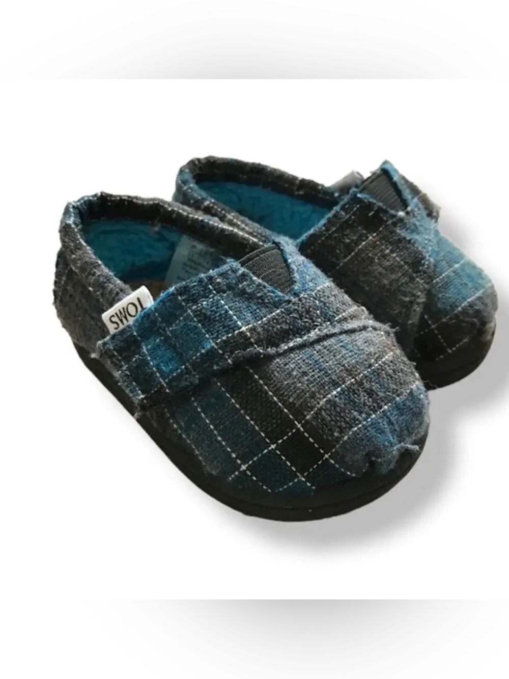 TOMS Tiny Toddler Slip Ons Plaid Wool Shoes Gray‎ Blue Size 4 T4